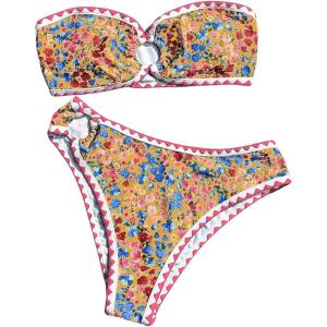imageMakeMeChic Womens 2 Piece Bandeau Swimsuit Boho Ring Strapless High Cut Bikini Sets Bathing SuitMulti Yellow Pink