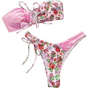 imageMakeMeChic Womens 2 Piece Bandeau Swimsuit Boho Ring Strapless High Cut Bikini Sets Bathing SuitPink