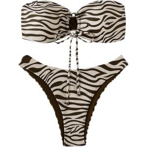 imageMakeMeChic Womens 2 Piece Bandeau Swimsuit Floral Cut Out Bikini Set Strapless Bathing SuitsApricot