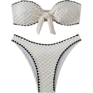 imageMakeMeChic Womens 2 Piece Bandeau Swimsuit Floral Cut Out Bikini Set Strapless Bathing SuitsBeige