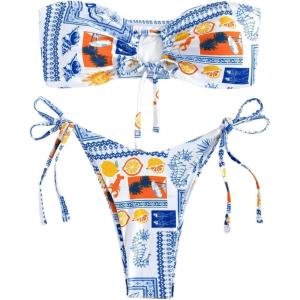 imageMakeMeChic Womens 2 Piece Bandeau Swimsuit Floral Cut Out Bikini Set Strapless Bathing SuitsFruit Printed