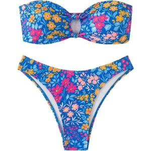 imageMakeMeChic Womens 2 Piece Bandeau Swimsuit Floral Cut Out Bikini Set Strapless Bathing SuitsMulti Blue