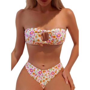 imageMakeMeChic Womens 2 Piece Bandeau Swimsuit Floral Cut Out Bikini Set Strapless Bathing SuitsMulticolor