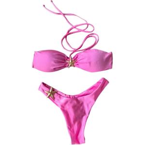 imageMakeMeChic Womens 2 Piece Bandeau Swimsuit Floral Cut Out Bikini Set Strapless Bathing SuitsPink