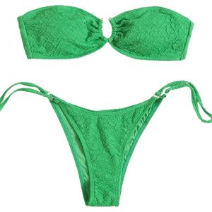 imageMakeMeChic Womens 2 Piece Bandeau Swimsuit Floral Cut Out Bikini Set Strapless Bathing SuitsUring Green