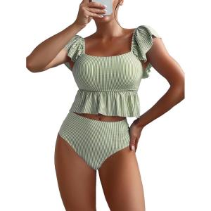 imageMakeMeChic Womens 2 Piece Bathing Suits Striped Ruffle Trim High Waisted Bikini SwimsuitGreen