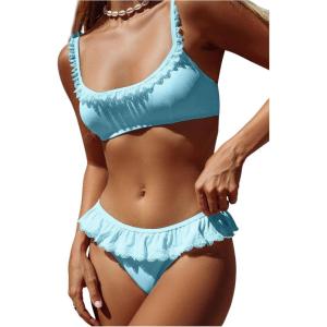 imageMakeMeChic Womens 2 Piece Bikini Set Lace Square Neck Spaghetti Strap Ruffle Bathing Suit SwimsuitBlue
