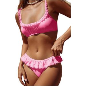 imageMakeMeChic Womens 2 Piece Bikini Set Lace Square Neck Spaghetti Strap Ruffle Bathing Suit SwimsuitHot Pink