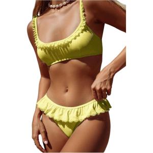 imageMakeMeChic Womens 2 Piece Bikini Set Lace Square Neck Spaghetti Strap Ruffle Bathing Suit SwimsuitYellow