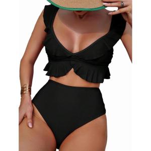 imageMakeMeChic Womens 2 Piece Bikini Set Ruffle Trim Bathing Suit V Neck Tie Back High Waisted SwimsuitBlack