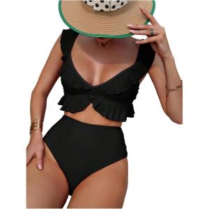 imageMakeMeChic Womens 2 Piece Bikini Set Ruffle Trim Bathing Suit V Neck Tie Back High Waisted SwimsuitBlack Solid