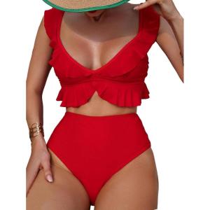 imageMakeMeChic Womens 2 Piece Bikini Set Ruffle Trim Bathing Suit V Neck Tie Back High Waisted SwimsuitRed