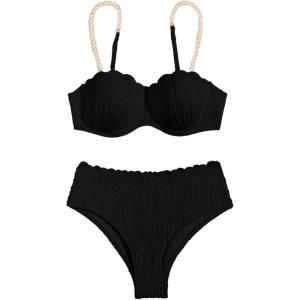 imageMakeMeChic Womens 2 Piece Bikini Set Textured Pearl Beaded Strap Scallop Trim High Waist SwimsuitBlack