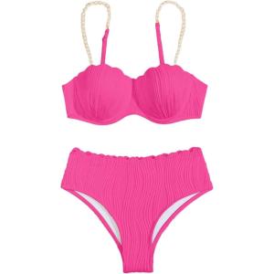 imageMakeMeChic Womens 2 Piece Bikini Set Textured Pearl Beaded Strap Scallop Trim High Waist SwimsuitHot Pink