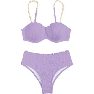 imageMakeMeChic Womens 2 Piece Bikini Set Textured Pearl Beaded Strap Scallop Trim High Waist SwimsuitMauve Purple