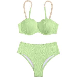 imageMakeMeChic Womens 2 Piece Bikini Set Textured Pearl Beaded Strap Scallop Trim High Waist SwimsuitMint Green