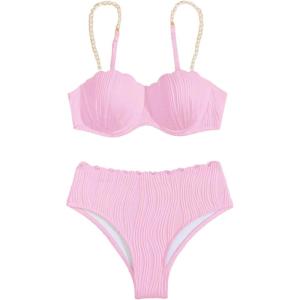 imageMakeMeChic Womens 2 Piece Bikini Set Textured Pearl Beaded Strap Scallop Trim High Waist SwimsuitPink