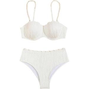 imageMakeMeChic Womens 2 Piece Bikini Set Textured Pearl Beaded Strap Scallop Trim High Waist SwimsuitWhite