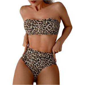imageMakeMeChic Womens 2 Piece Bikini Sets Leopard Print Bandeau Wireless Bathing Suit High Waist Strapless SwimsuitBrown