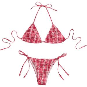 imageMakeMeChic Womens 2 Piece Bikini Sets Plaid Print Halter Triangle Tie Side Swimsuit Bathing SuitRed and White