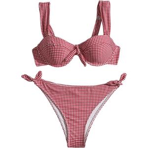 imageMakeMeChic Womens 2 Piece Plaid Bikini Sets Gingham Print Bow Knot Backless Swimsuits High Waist Bathing SuitRed