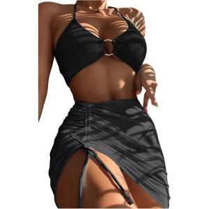 imageMakeMeChic Womens 3 Piece Bathing Suits Halter Ring Bikini Set with Cover Up SkirtsBlack 1