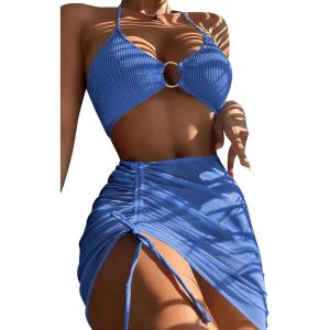imageMakeMeChic Womens 3 Piece Bathing Suits Halter Ring Bikini Set with Cover Up SkirtsBlue a