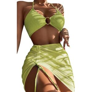 imageMakeMeChic Womens 3 Piece Bathing Suits Halter Ring Bikini Set with Cover Up SkirtsGreen