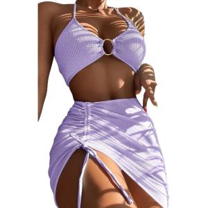 imageMakeMeChic Womens 3 Piece Bathing Suits Halter Ring Bikini Set with Cover Up SkirtsLilac Purple B