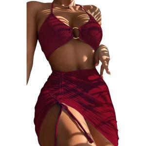 imageMakeMeChic Womens 3 Piece Bathing Suits Halter Ring Bikini Set with Cover Up SkirtsMaroon