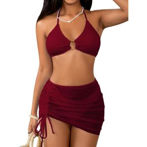 imageMakeMeChic Womens 3 Piece Bathing Suits Halter Ring Bikini Set with Cover Up SkirtsMaroon a