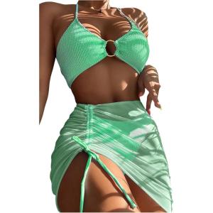 imageMakeMeChic Womens 3 Piece Bathing Suits Halter Ring Bikini Set with Cover Up SkirtsMint Green 2