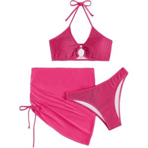 imageMakeMeChic Womens 3 Piece Bathing Suits Halter Ring Bikini Set with Cover Up SkirtsPink B