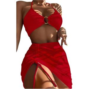 imageMakeMeChic Womens 3 Piece Bathing Suits Halter Ring Bikini Set with Cover Up SkirtsRed 1