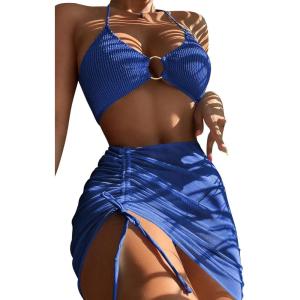 imageMakeMeChic Womens 3 Piece Bathing Suits Halter Ring Bikini Set with Cover Up SkirtsRoyal Blue