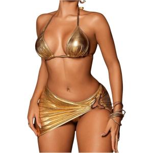 imageMakeMeChic Womens 3 Piece Bikini Sets Metallic Halter Ruched Triangle Cheeky Bathing Suit Swimsuit with Beach SkirtGold