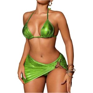 imageMakeMeChic Womens 3 Piece Bikini Sets Metallic Halter Ruched Triangle Cheeky Bathing Suit Swimsuit with Beach SkirtGreen