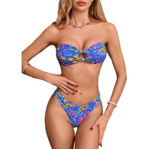 imageMakeMeChic Womens Bandeau Strapless Bikini Sets Floral Knot Cut Out Boho Bathing Suit SwimsuitsBlue Floral