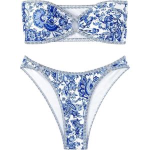 imageMakeMeChic Womens Bandeau Strapless Bikini Sets Floral Knot Cut Out Boho Bathing Suit SwimsuitsBlue White
