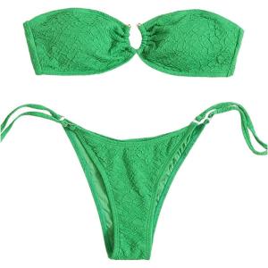 imageMakeMeChic Womens Bandeau Strapless Bikini Sets Floral Knot Cut Out Boho Bathing Suit SwimsuitsGreen