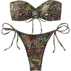 imageMakeMeChic Womens Bandeau Strapless Bikini Sets Floral Knot Cut Out Boho Bathing Suit SwimsuitsGreen Brown