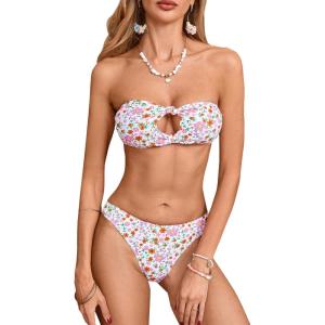 imageMakeMeChic Womens Bandeau Strapless Bikini Sets Floral Knot Cut Out Boho Bathing Suit SwimsuitsMulticolor