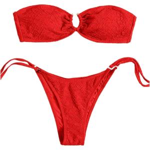 imageMakeMeChic Womens Bandeau Strapless Bikini Sets Floral Knot Cut Out Boho Bathing Suit SwimsuitsRed