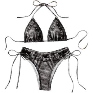 imageMakeMeChic Womens Bikini Set Denim Print Halter Tie Back Triangle Swimsuit BeachwearBlack