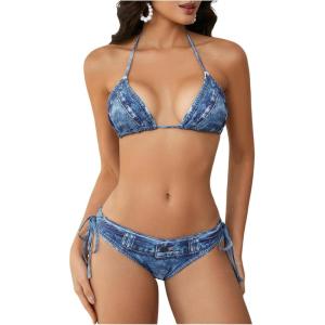 imageMakeMeChic Womens Bikini Set Denim Print Halter Tie Back Triangle Swimsuit BeachwearBlue