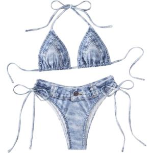 imageMakeMeChic Womens Bikini Set Denim Print Halter Tie Back Triangle Swimsuit BeachwearLight Blue