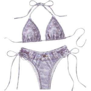 imageMakeMeChic Womens Bikini Set Denim Print Halter Tie Back Triangle Swimsuit BeachwearMulticolor
