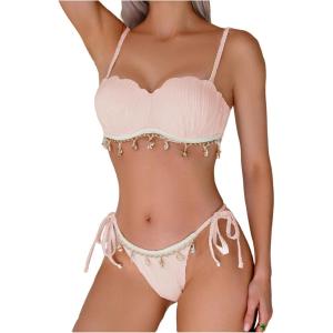imageMakeMeChic Womens Bikini Set Textured Scallop Trim Shell Tie Back Bathing SuitsApricot