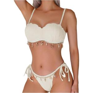 imageMakeMeChic Womens Bikini Set Textured Scallop Trim Shell Tie Back Bathing SuitsBeige