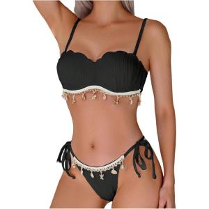 imageMakeMeChic Womens Bikini Set Textured Scallop Trim Shell Tie Back Bathing SuitsBlack
